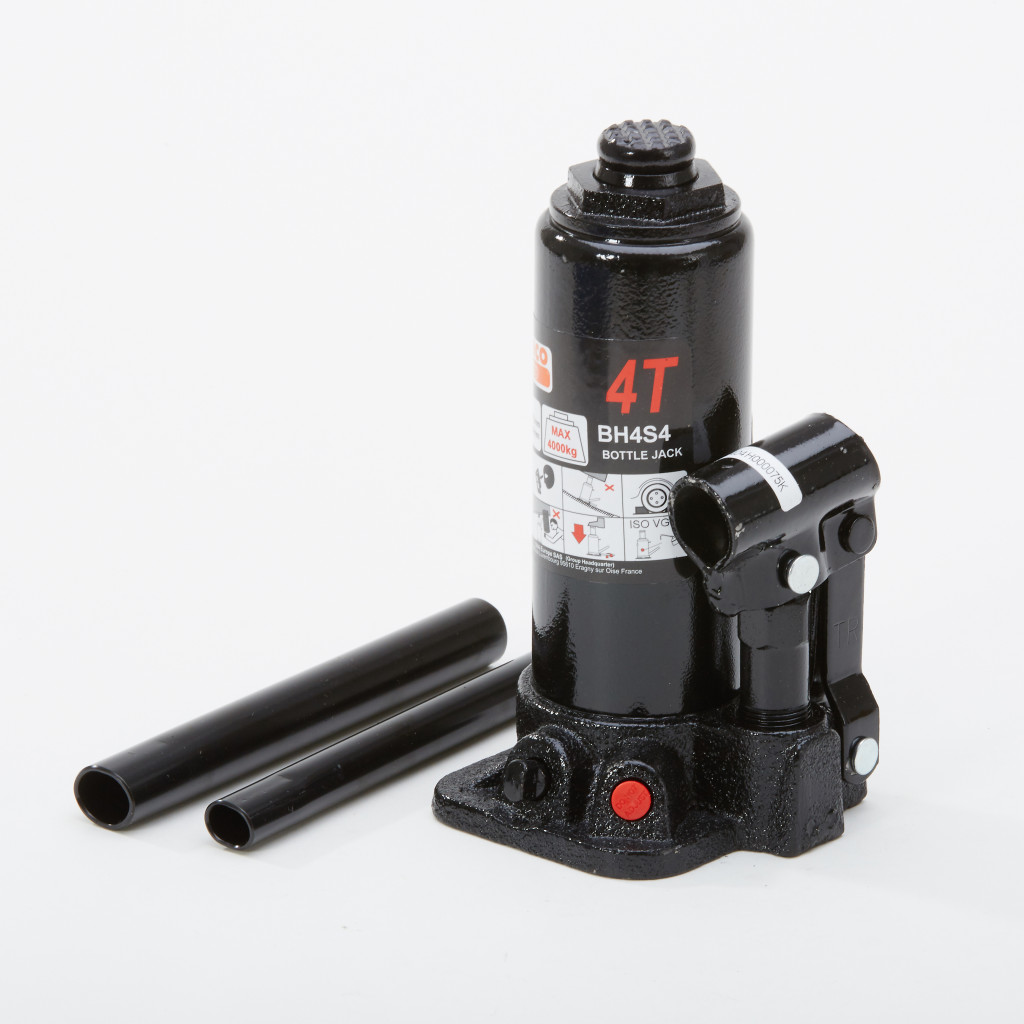 A black 4-ton hydraulic bottle jack with two detachable metal pump handles placed beside it, displayed on a white background.
