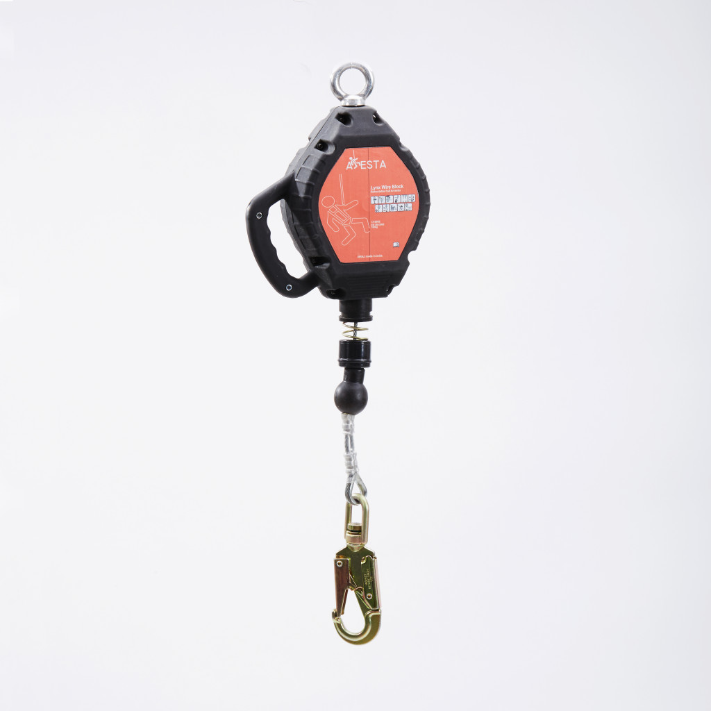 A black and orange retractable fall arrester with a metal hook at the bottom and a handle at the side, suspended against a plain white background.