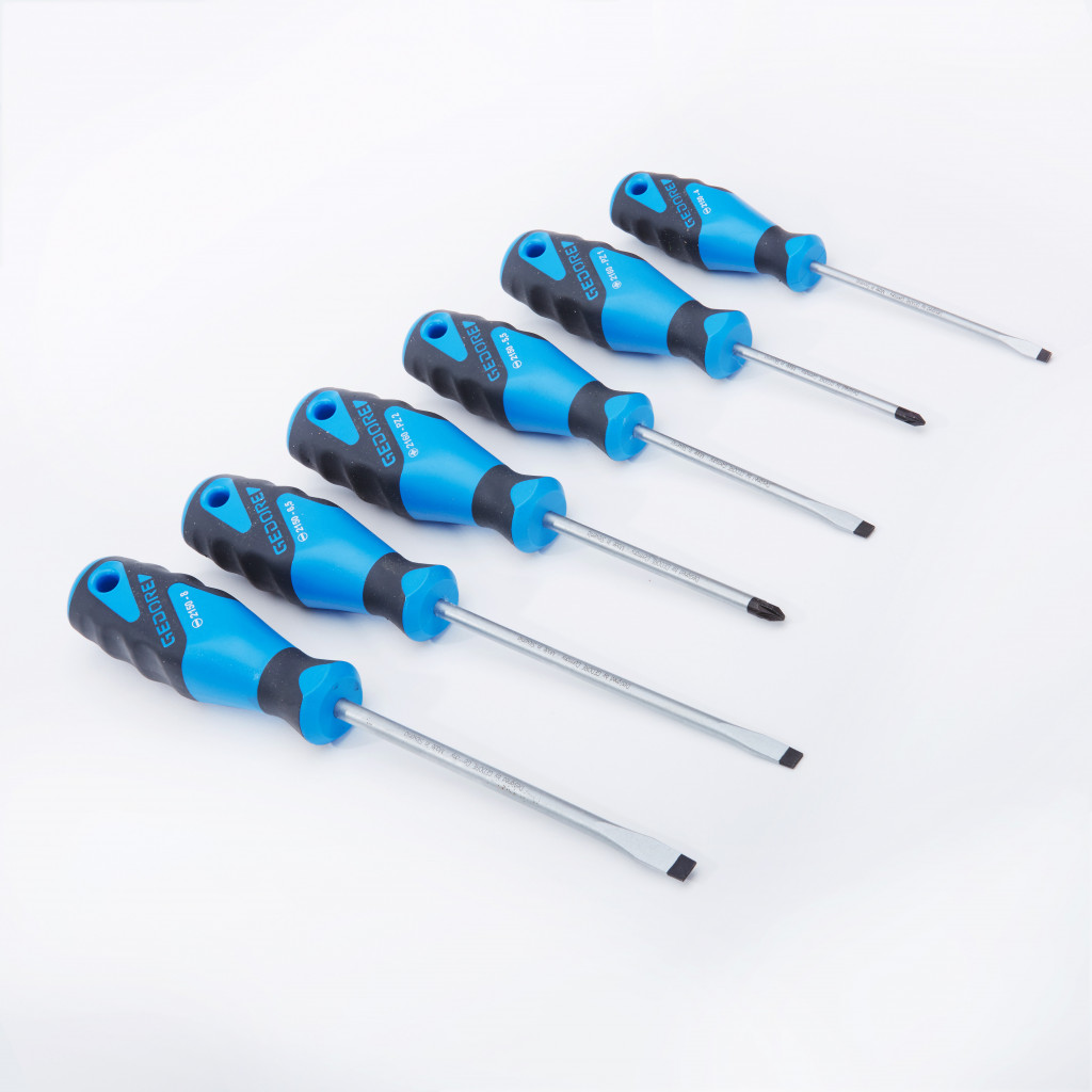 A set of six blue and black screwdrivers with varying tip sizes and types, arranged in a diagonal line on a white background.