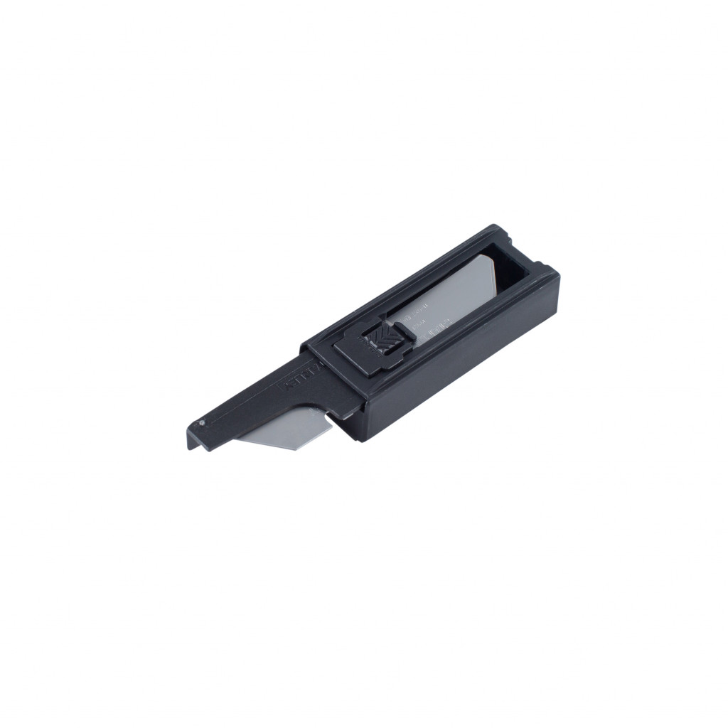 A black retractable utility knife with a partially exposed blade, set against a plain white background.