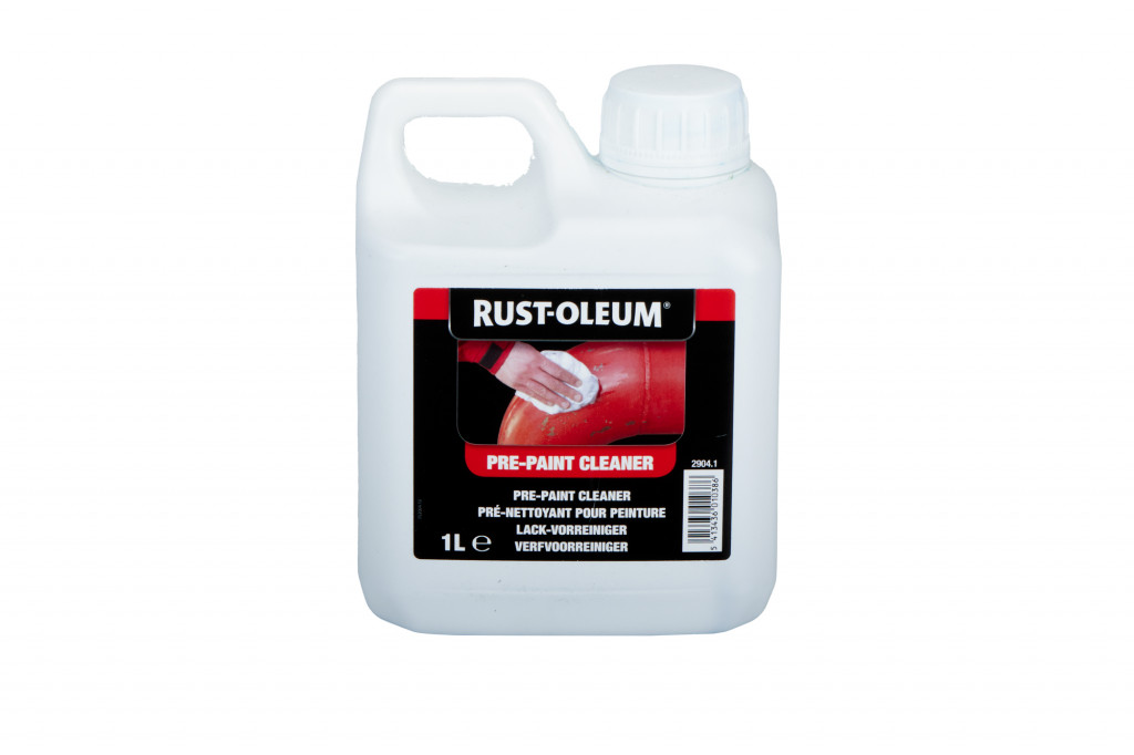 A 1-liter white plastic bottle of Rust-Oleum Pre-Paint Cleaner with a screw cap and a label showing a hand cleaning a surface. The label includes product information in multiple languages.,