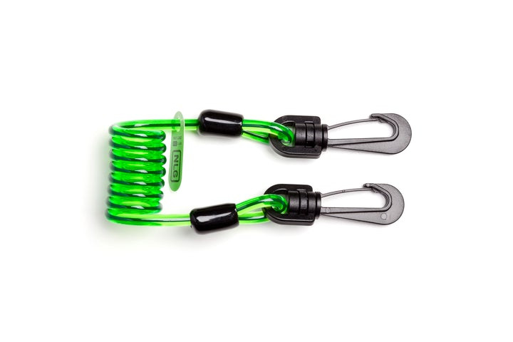 A coiled green plastic lanyard with black connectors and two black clip hooks on each end, displayed on a white background.