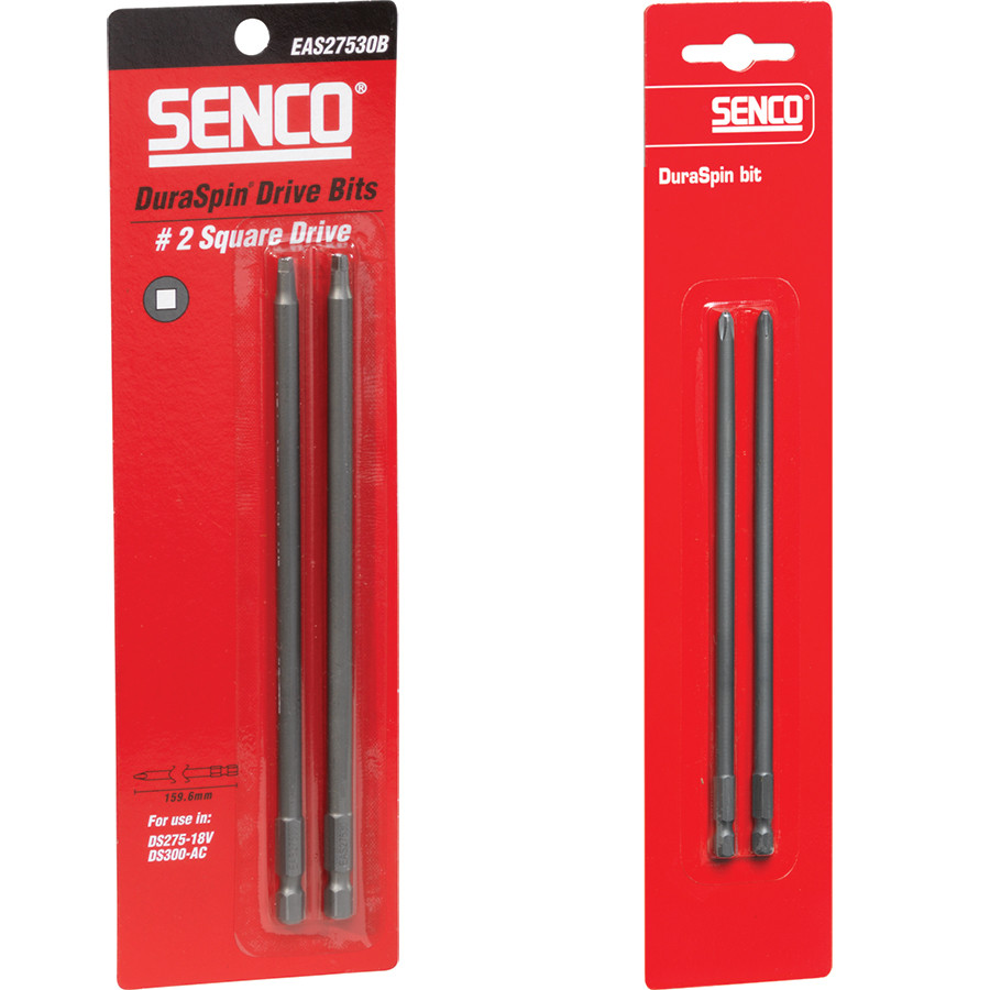 Two red packages of Senco DuraSpin drive bits are shown, each containing two long metal bits. The packaging displays the Senco logo and product information in white text.
