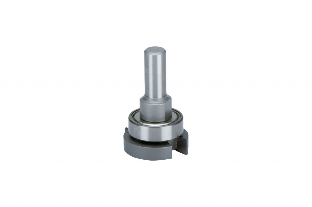 A metal bearing assembly with a cylindrical shaft and a partial cross-sectional cutout, revealing the inner ball bearing components, set against a white background.