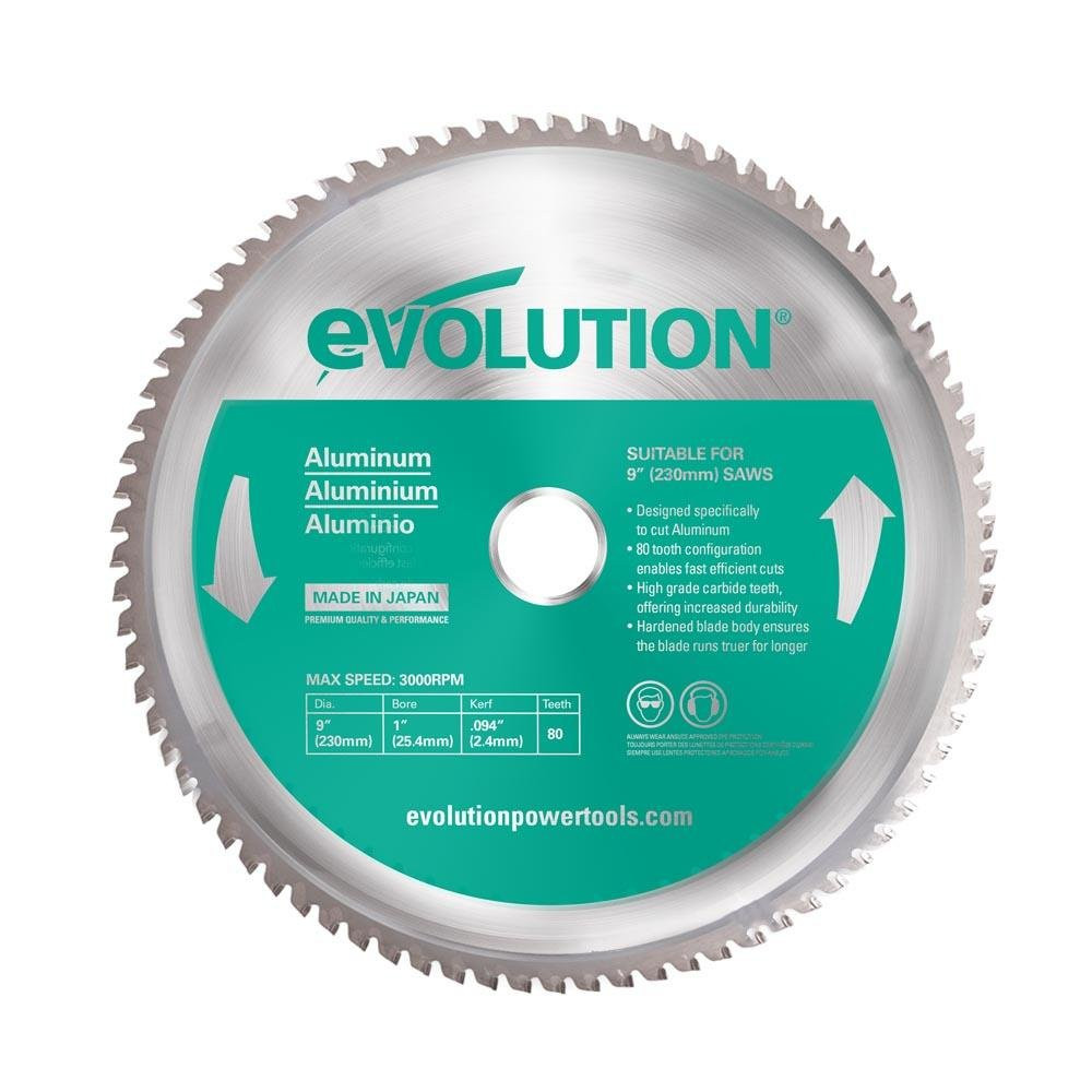 A silver circular saw blade labeled evolution with details in green and white, including specifications for cutting aluminum, a max speed of 3000 RPM, 80 teeth, and the website evolutionpowertools.com.