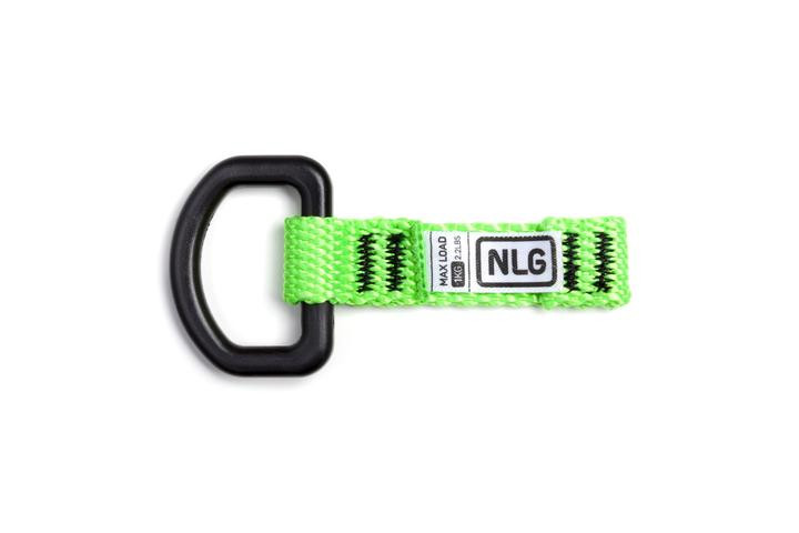 A bright green woven strap with a black metal D-ring on one end and a white tag labeled NLG and MAX LOAD 3.0kg stitched onto the strap.,