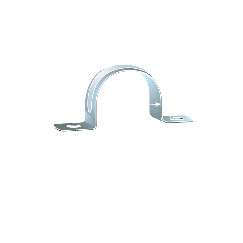 A silver metal pipe strap with a curved center and two flat, oval-holed mounting tabs on each end, designed for securing pipes to a surface.