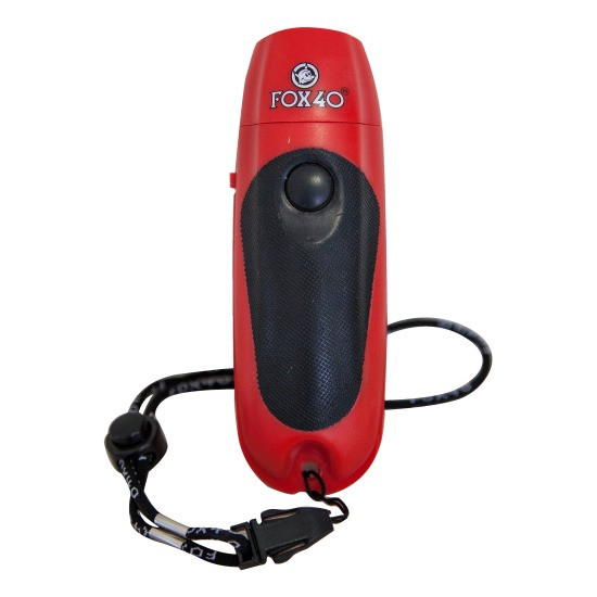 A red and black handheld Fox 40 electronic whistle with a black wrist lanyard attached at the bottom, photographed against a white background.
