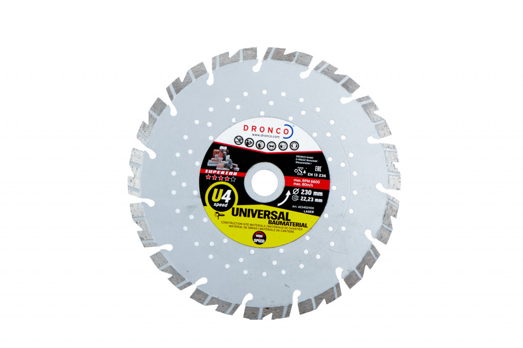 A circular industrial saw blade with a segmented edge and central label showing the brand “Dronco,” specifications, and “Universal” for use with multiple materials.