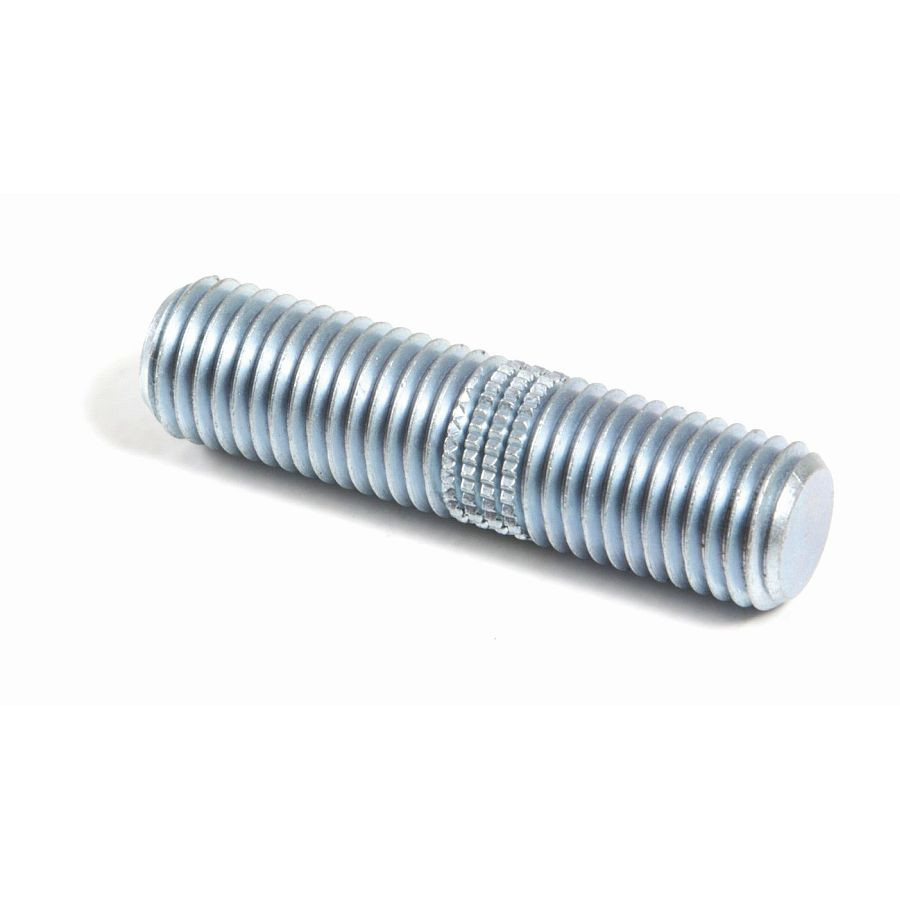 A metal double-ended threaded stud with a knurled center section, lying on a white background. Both ends have screw threads, and the middle features a textured grip area.