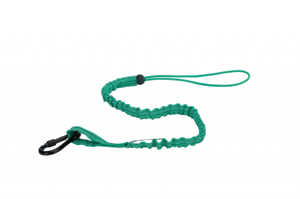 A green bungee-style lanyard with a loop handle on one end and a black metal clip on the other, displayed on a white background.