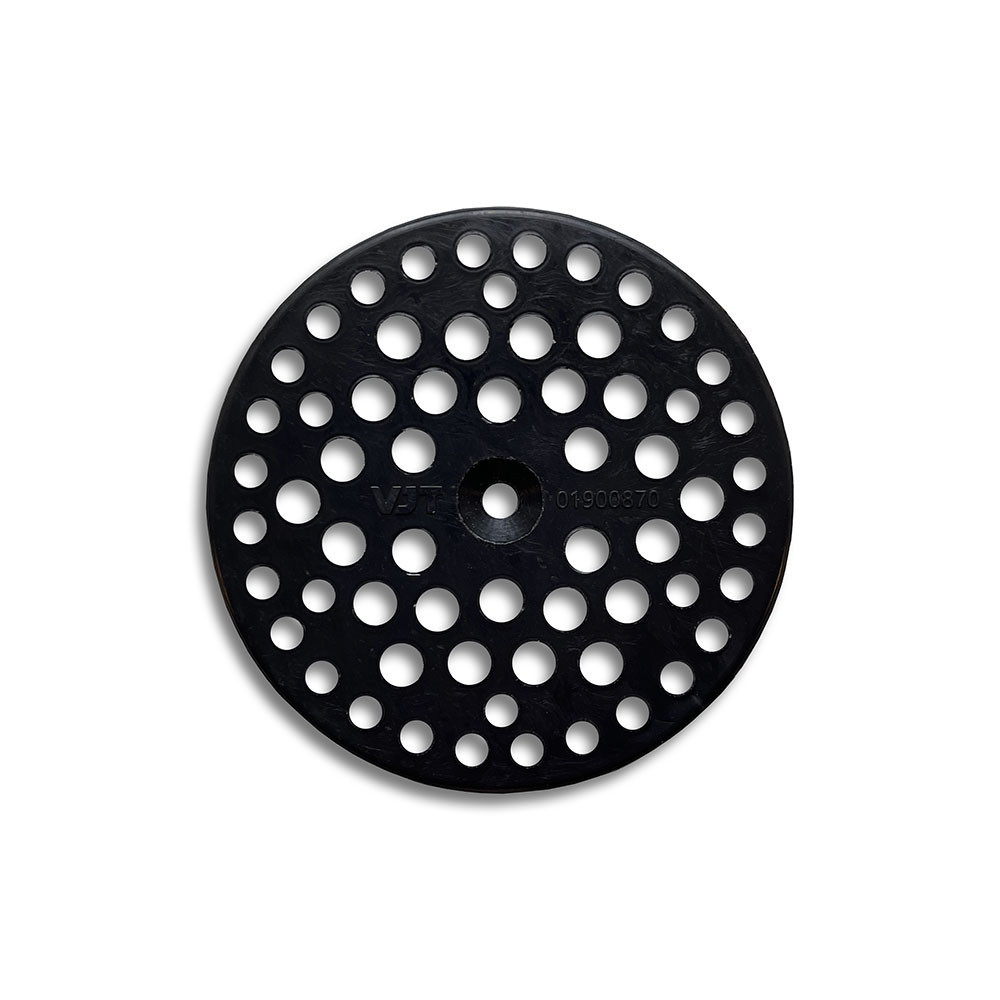 A round, black metal plate with multiple evenly spaced circular holes arranged in concentric circles, placed on a white background.
