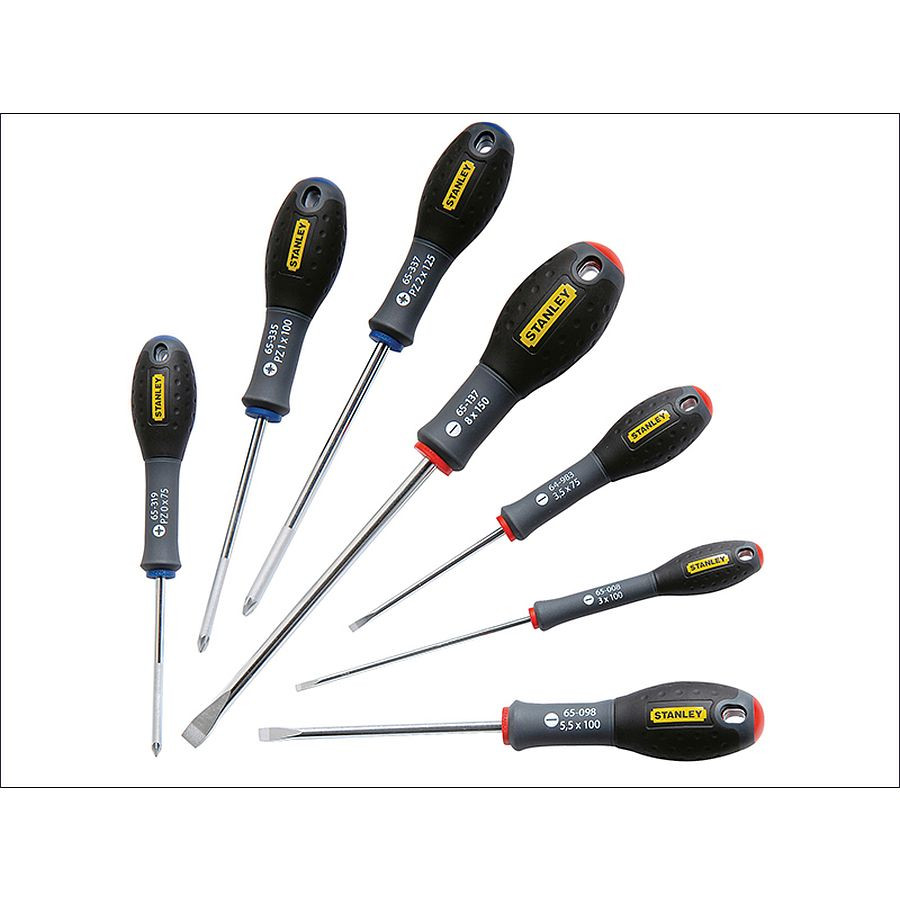 A set of 7 Stanley screwdrivers with colour-coded handles covering a range of flathead and Phillips sizes.,