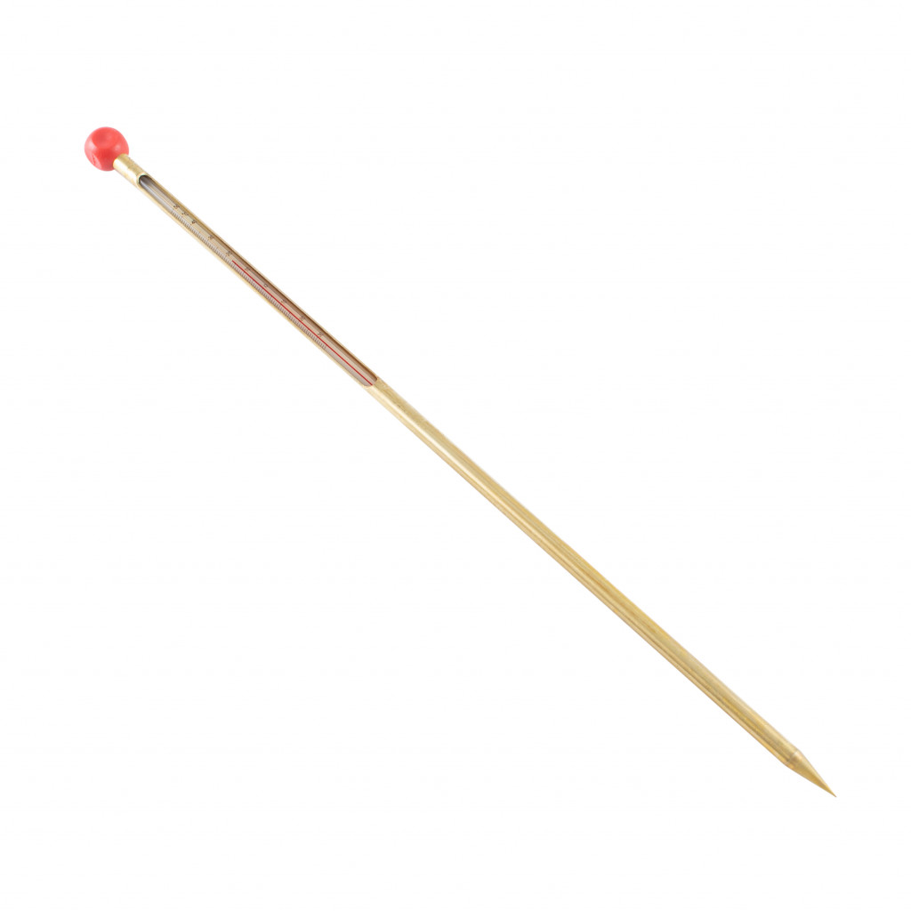 A single wooden knitting needle with a pointed tip at one end and a red round cap at the other end, isolated on a white background.