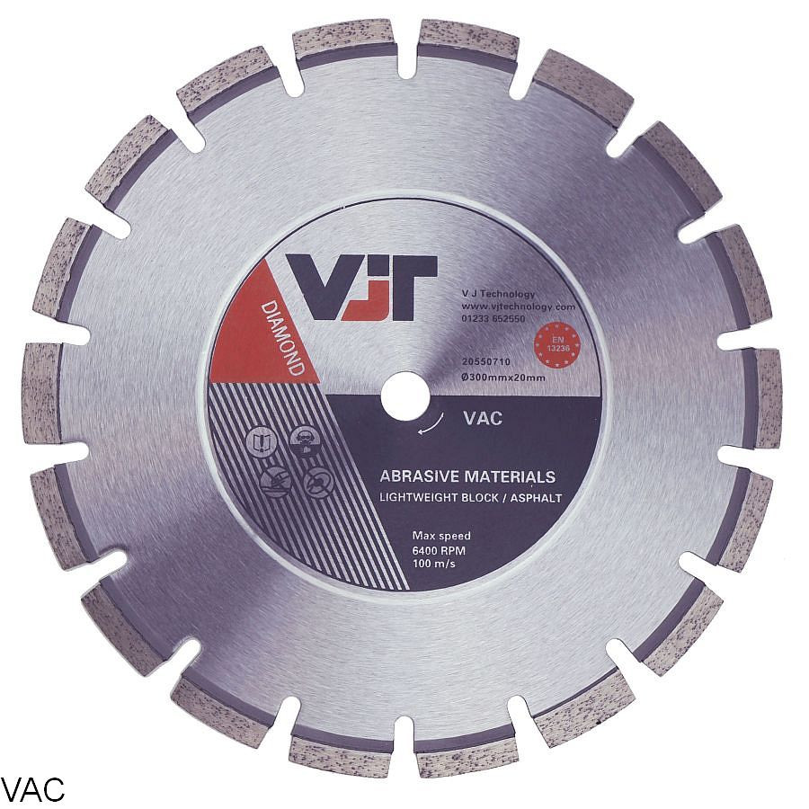 A circular diamond saw blade with evenly spaced segments around the edge, labeled for cutting abrasive materials like lightweight block and asphalt. Manufacturer’s details and specifications are visible on the center label.