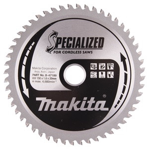 A silver circular saw blade labeled SPECIALIZED for cordless saws and Makita with sharp teeth around the edge and technical specifications printed on its surface.,
