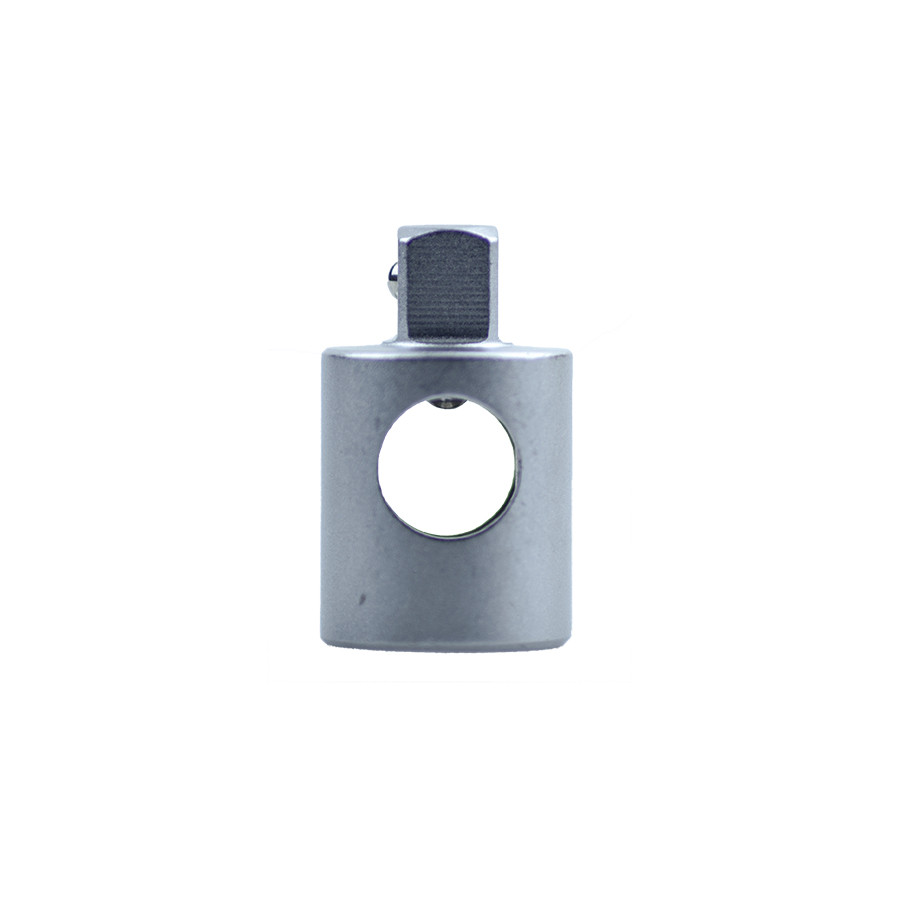 A metal socket adapter with a square drive on top and a circular hole in the cylindrical body, photographed against a white background.