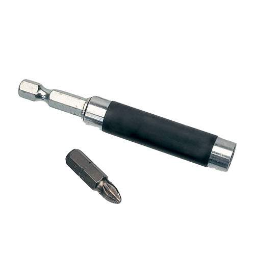 A magnetic screwdriver bit holder with a black grip is shown next to a separate Phillips screwdriver bit.,