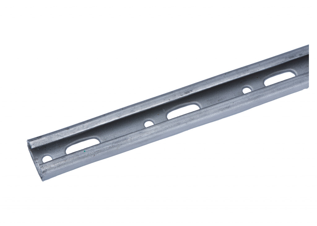 A close-up view of a metal slotted angle bar, typically used in construction or shelving, with evenly spaced oval and round holes along its length, set against a white background.