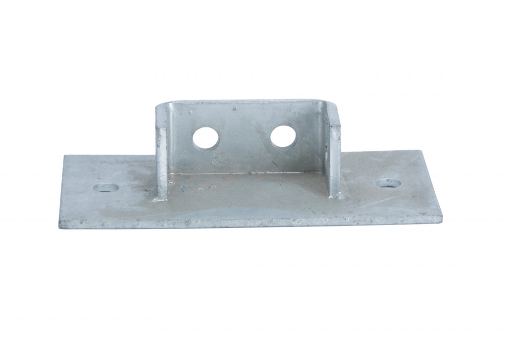 Rectangular metal plate with two vertical supports, each containing a circular hole, and two additional holes on the flat base, likely used as a mounting or connecting bracket.