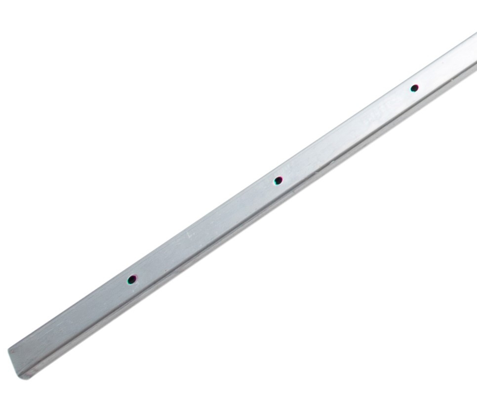 A long, silver metal bar with a square cross-section, shown diagonally. The bar has several evenly spaced holes drilled along its length.