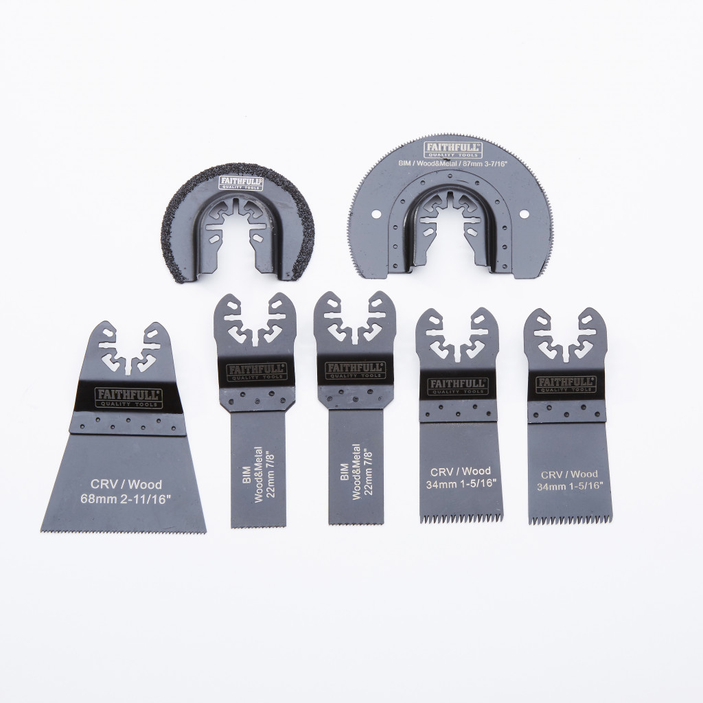 A set of seven Faithfull multi-tool saw blades arranged on a white background, including semicircular and straight blades labeled for wood and BIM applications, with various sizes and teeth patterns.