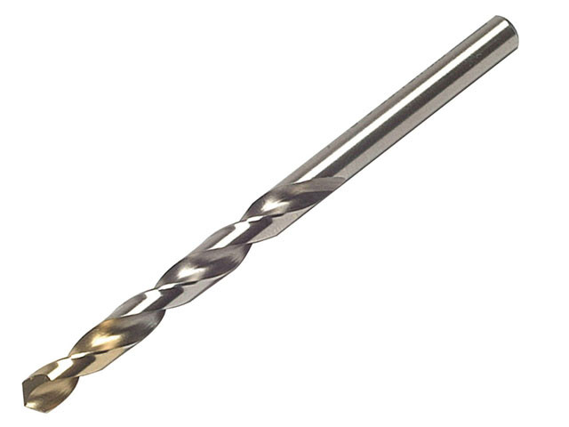 A close-up of a metal twist drill bit with a sharp, spiraled tip and a cylindrical shank, set against a plain white background.