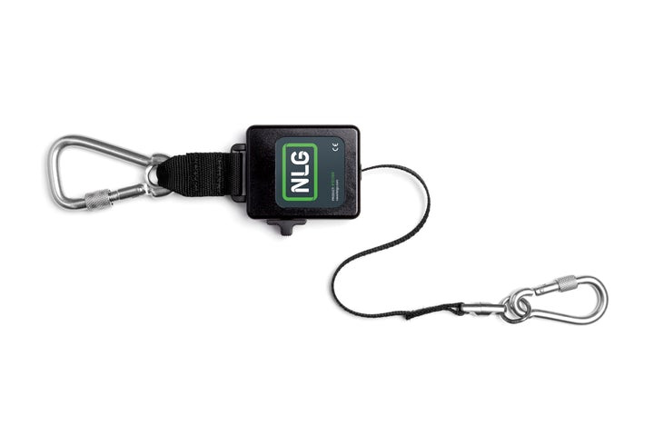 A black retractable tool lanyard with a square NLG-branded case, a carabiner clip on one end, and a metal clip with a looped cord on the other end, displayed on a white background.