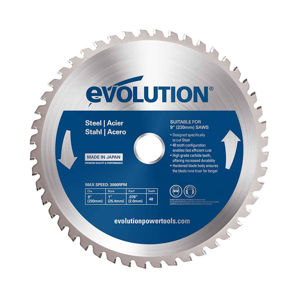 A circular saw blade labeled Evolution with specifications for cutting steel, 48 teeth, and a maximum speed of 3000 RPM. The blade is silver with blue and white text and arrows indicating its features.