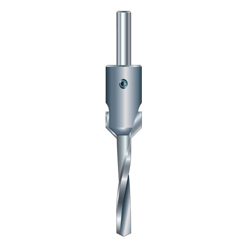 Illustration of a metal countersink drill bit with a cylindrical shank, adjustable collar, and a twisted drill tip, displayed vertically on a white background.