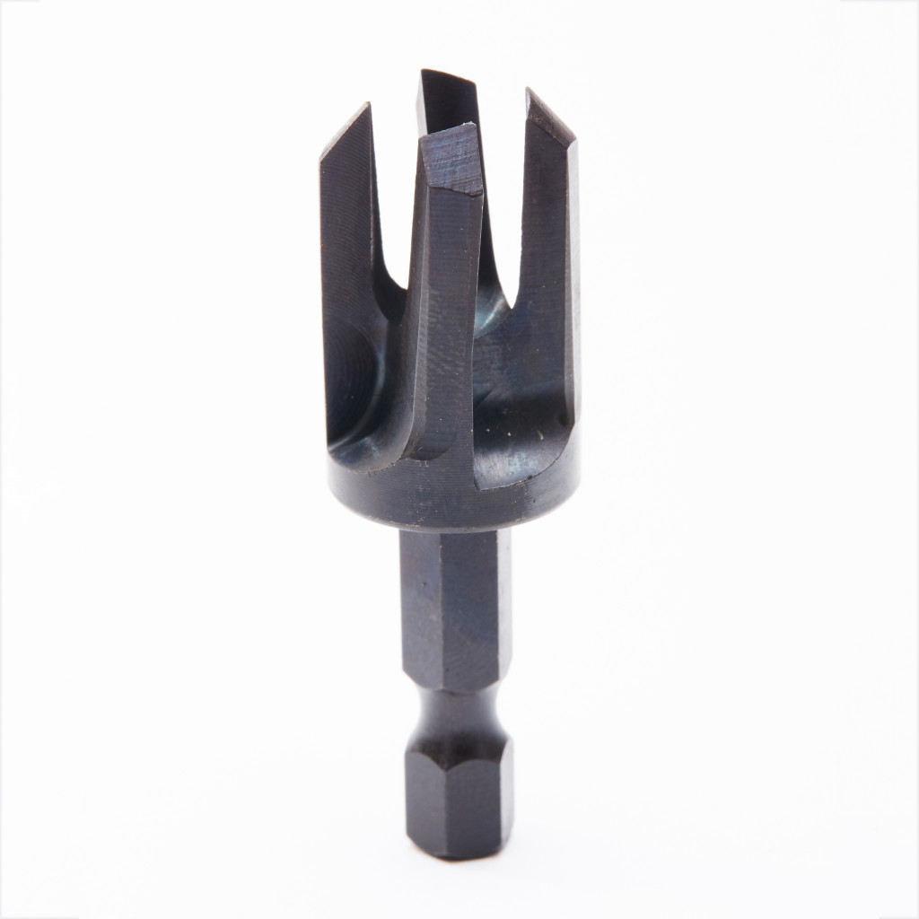 A close-up photo of a black, metal countersink tool bit with six fluted blades, designed for use with a drill, displayed against a white background.