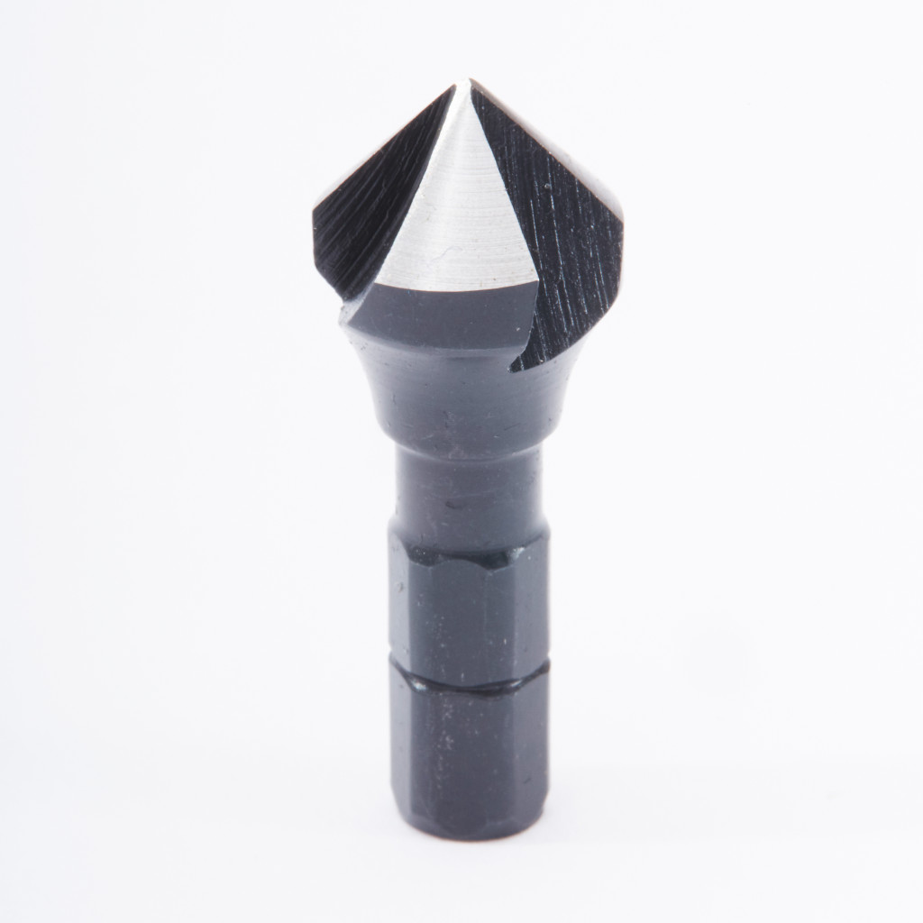 A metal countersink drill bit with a hexagonal shank and a conical, sharp-edged tip, shown on a white background.