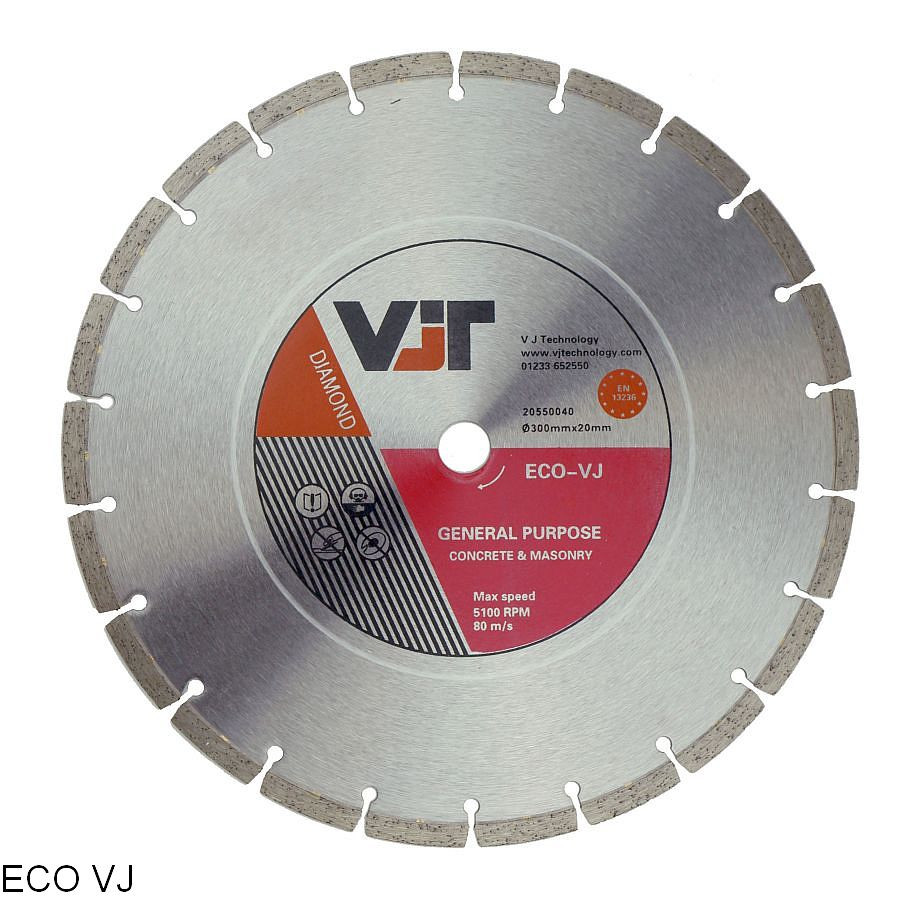 A circular diamond blade with segmented edges for cutting, labeled VJT Diamond, intended for general purpose use on concrete and masonry. The blade is silver with a red and grey center label displaying technical details.
