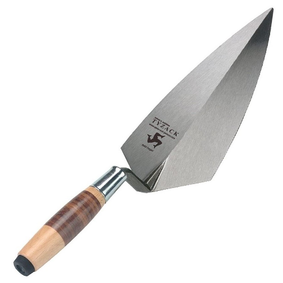 A trowel with a polished steel blade and an ergonomic handle, for applying and finishing mortar, plaster, and adhesive.