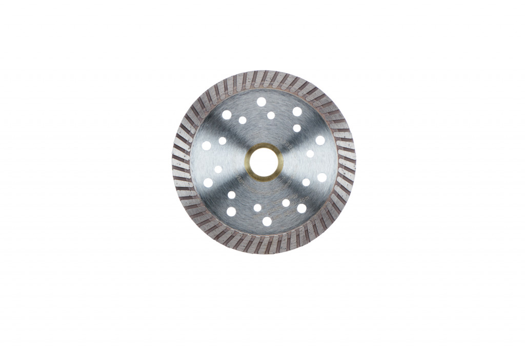 A circular metal saw blade with a serrated edge and multiple evenly spaced holes, shown from above on a white background.