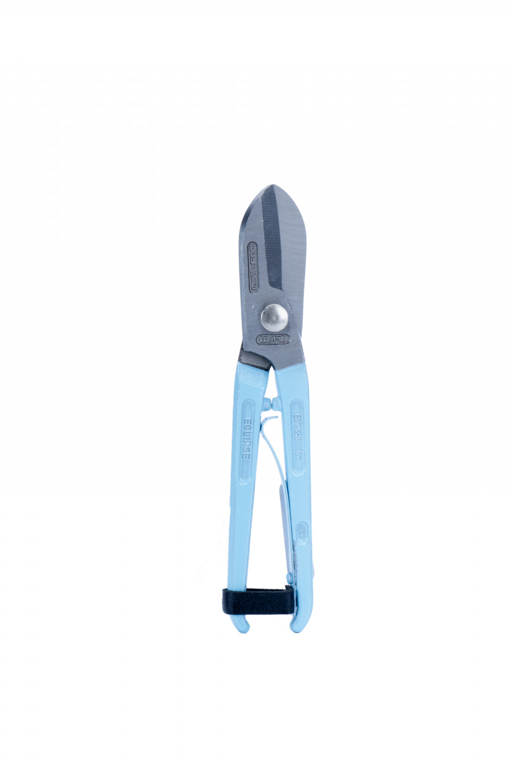 A pair of metal pruning shears with light blue handles and a black safety latch, isolated on a white background.