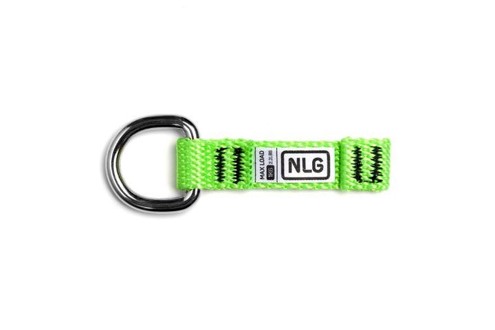 A bright green fabric keychain with a metal D-ring on one end and a rectangular label reading NLG attached to the strap.,