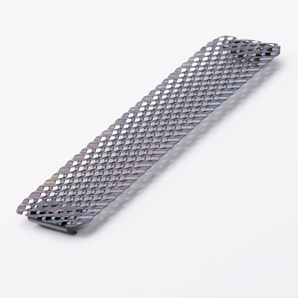 A rectangular metal rasp with a textured, crisscross pattern and slightly curved edges, designed for smoothing or shaping surfaces, placed on a white background.