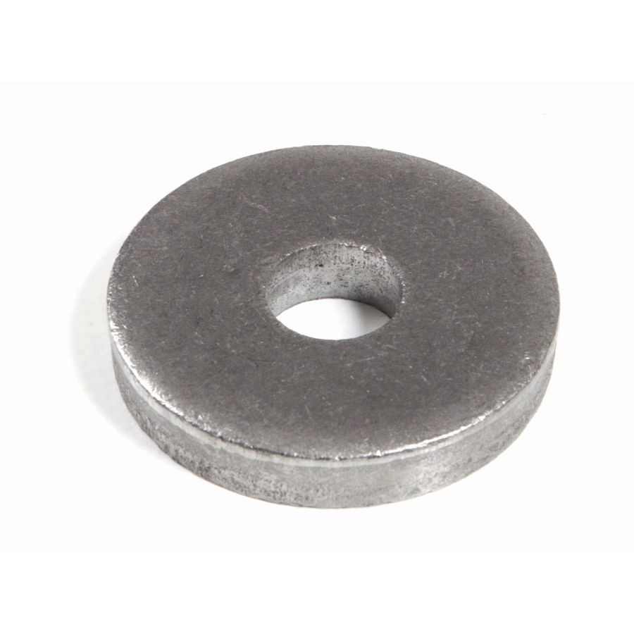 A close-up of a single metal flat washer with a circular hole in the center, placed on a white background.