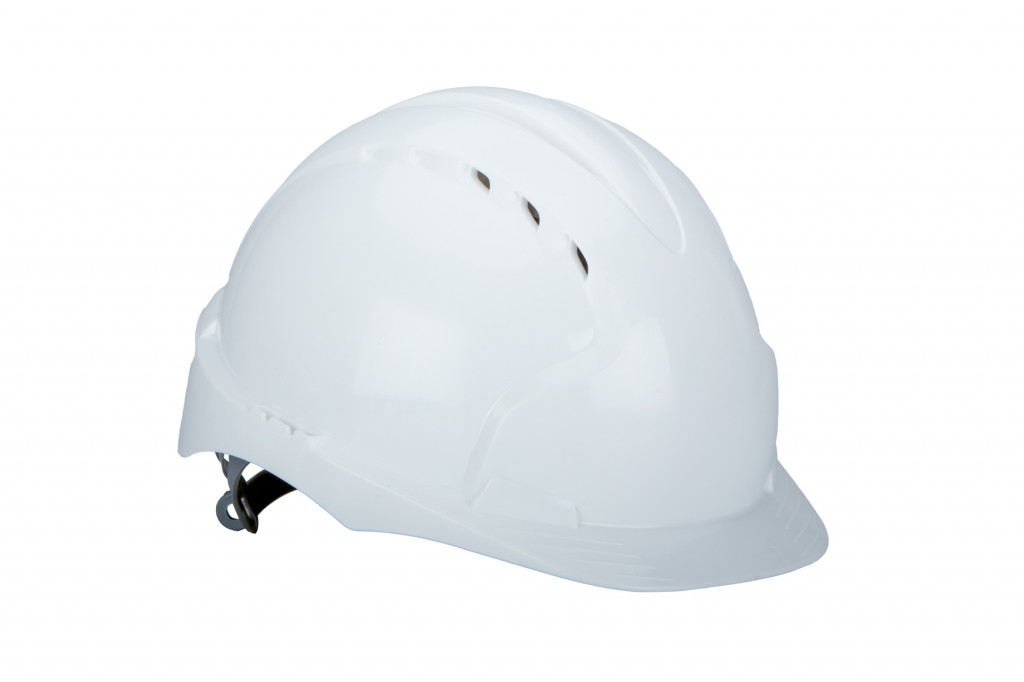 A white construction safety helmet with ventilation holes, viewed from the side against a plain white background.