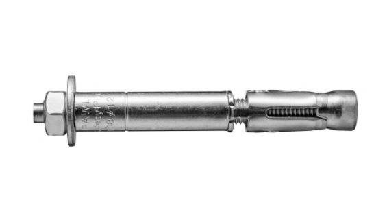 A metal safety-tested expansion anchor with a projecting bolt and hex nut, with full pull-through resistance for use in concrete.