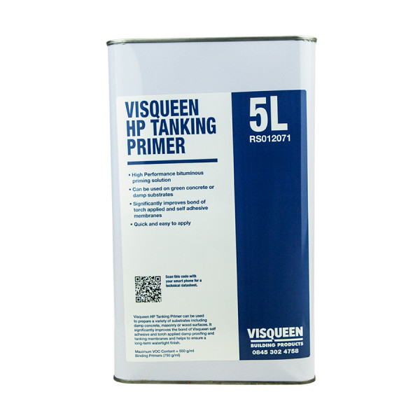 A large rectangular metal can labeled Visqueen HP Tanking Primer 5L with product details, usage instructions, and contact information printed in blue and white.