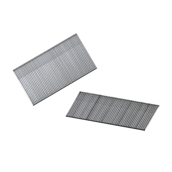 Two bundles of silver-colored, angled metal brad nails arranged parallel to each other on a white background.