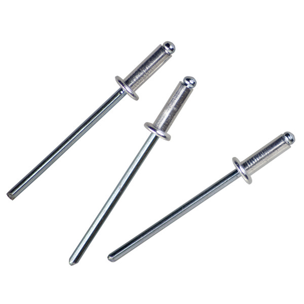 An aluminium dome-head blind rivet with a steel mandrel, used for joining sheet materials where access is only available from one side.