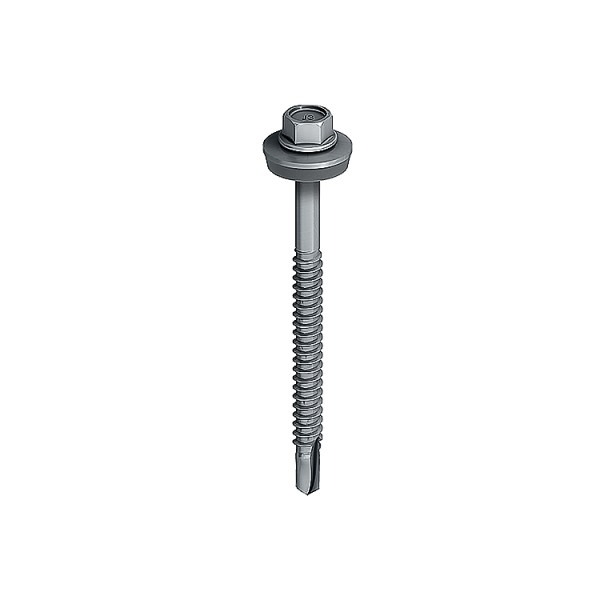 A gray hex-head self-tapping screw with a washer and a ribbed threaded body, shown against a plain white background.