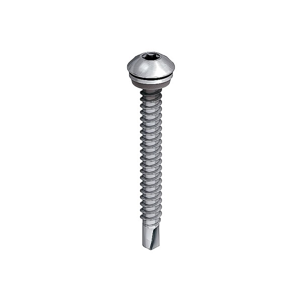A single silver self-tapping screw with a hexagonal head and washer, set against a plain white background.