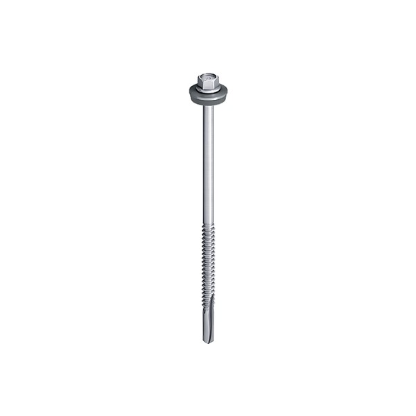 A silver hex head self-drilling screw with a washer, featuring a smooth upper shank and threaded lower portion, isolated on a white background.