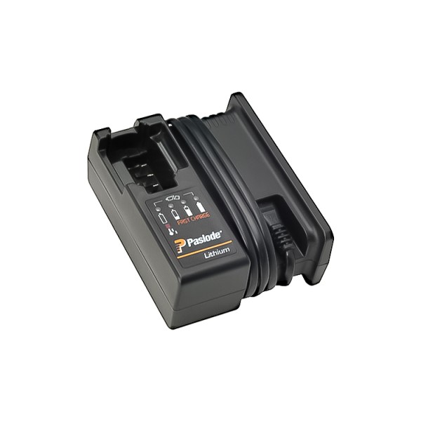 A black Paslode lithium battery charger with indicator lights and slots for charging, shown on a white background.