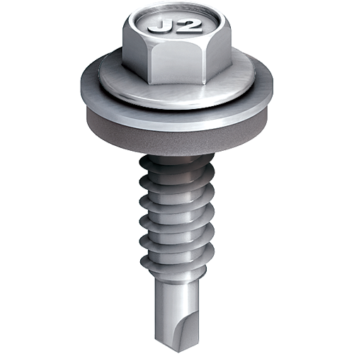 A close-up of a silver hex washer head self-drilling screw with a rubber washer and the marking J2 engraved on the hex head, shown against a plain white background.