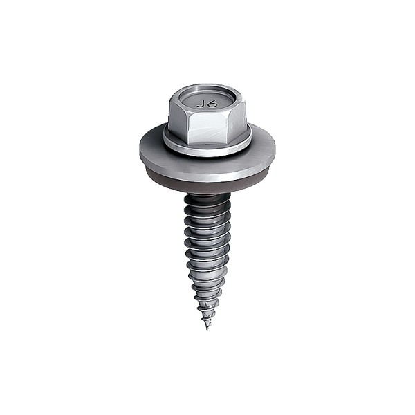 A close-up of a metallic hex-head self-tapping screw with a washer and a rubber gasket, isolated on a white background.